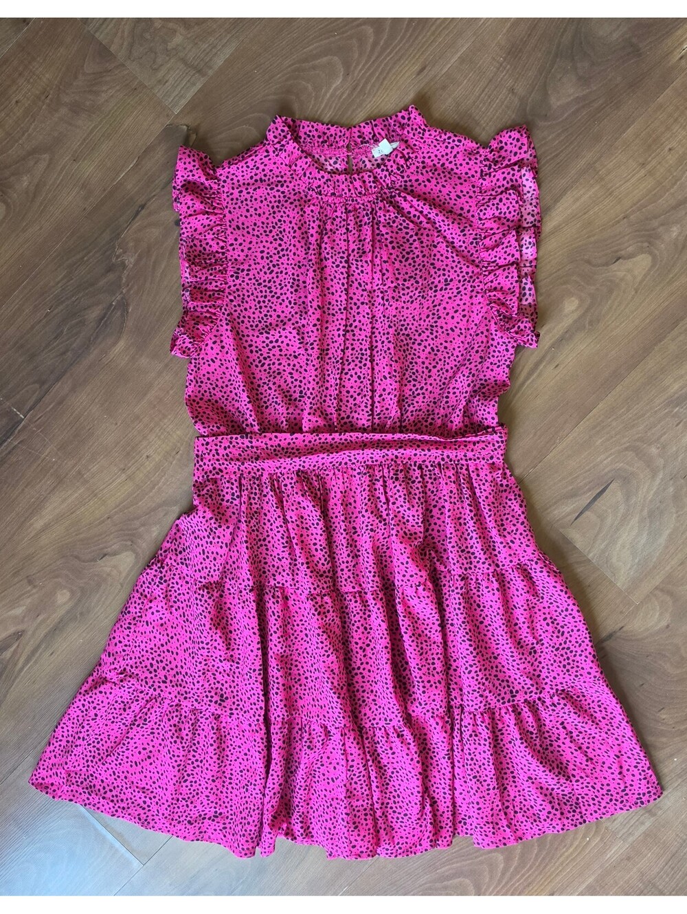 Jodifl Hot Pink & Black Dots Frilled Mock Neck Mini Dress w/ Pockets,Sz Med, 250